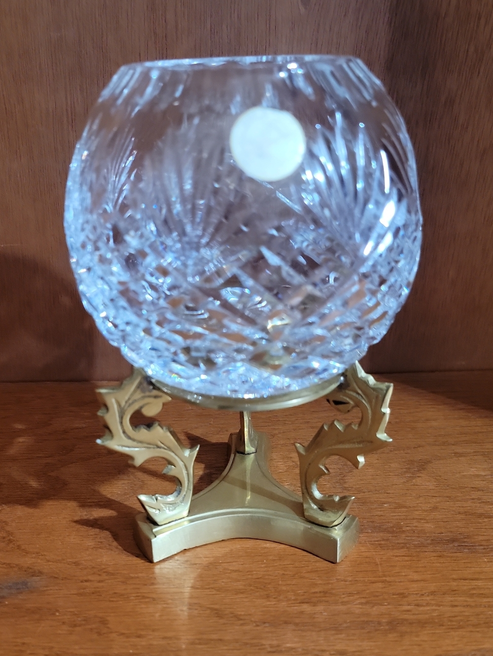 Polish Cut Crystal Globe Vase on Decorative Brass Stand - Clear & Gold
